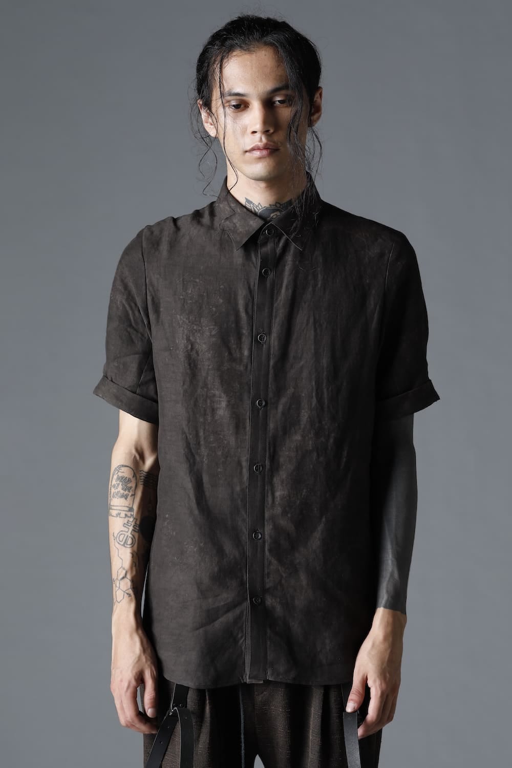 Uneven Dyed Rayon×Linen×Ramie Regular Coller Short Sleeves Shirt  Charcoal