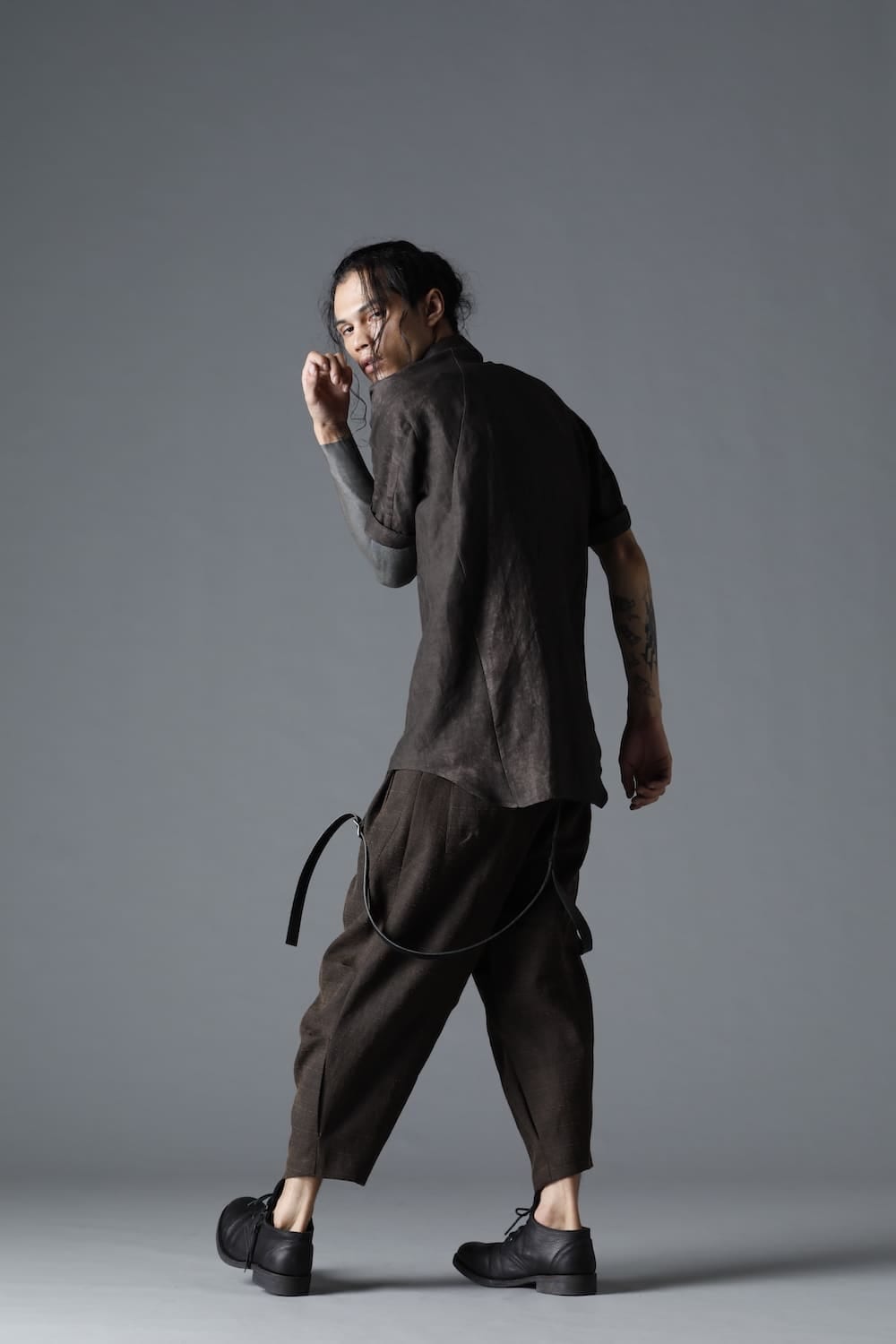 Uneven Dyed Rayon×Linen×Ramie Regular Coller Short Sleeves Shirt  Charcoal