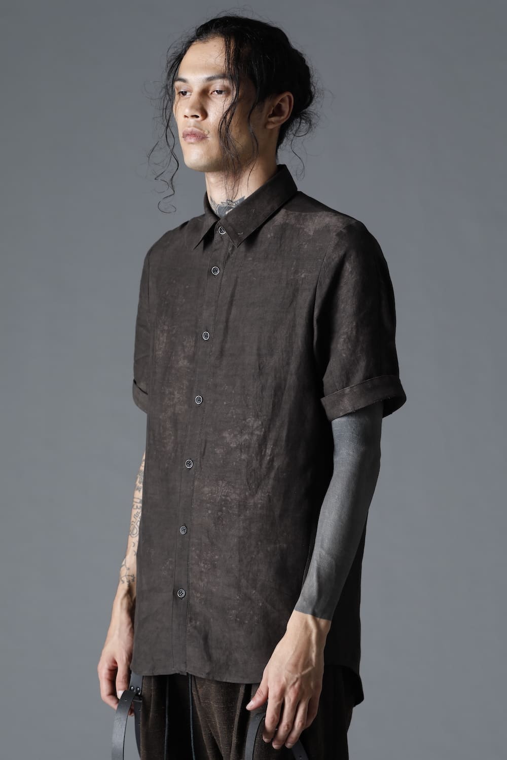 Uneven Dyed Rayon×Linen×Ramie Regular Coller Short Sleeves Shirt  Charcoal