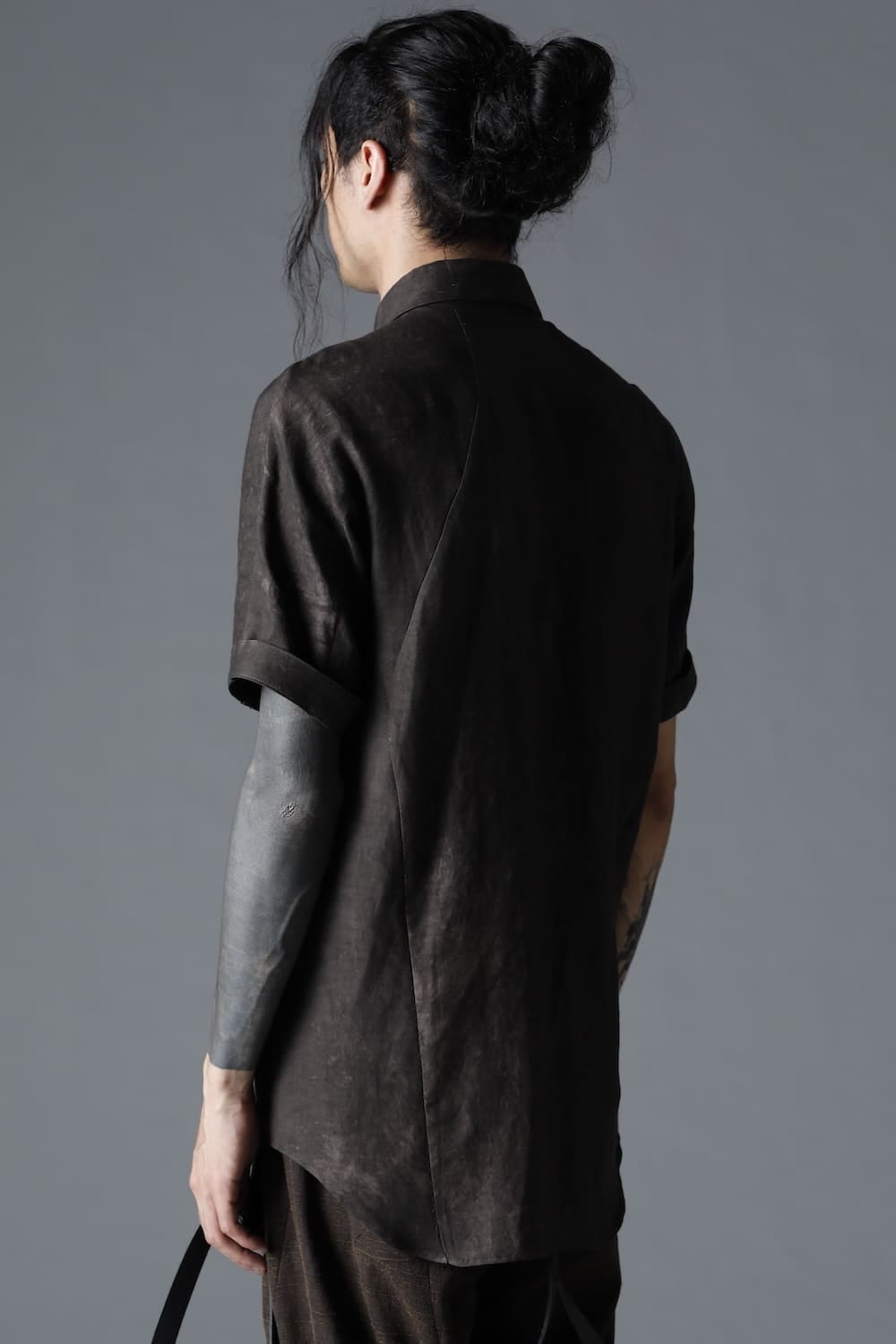 Uneven Dyed Rayon×Linen×Ramie Regular Coller Short Sleeves Shirt  Charcoal