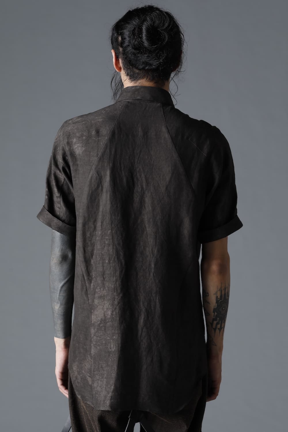 Uneven Dyed Rayon×Linen×Ramie Regular Coller Short Sleeves Shirt  Charcoal