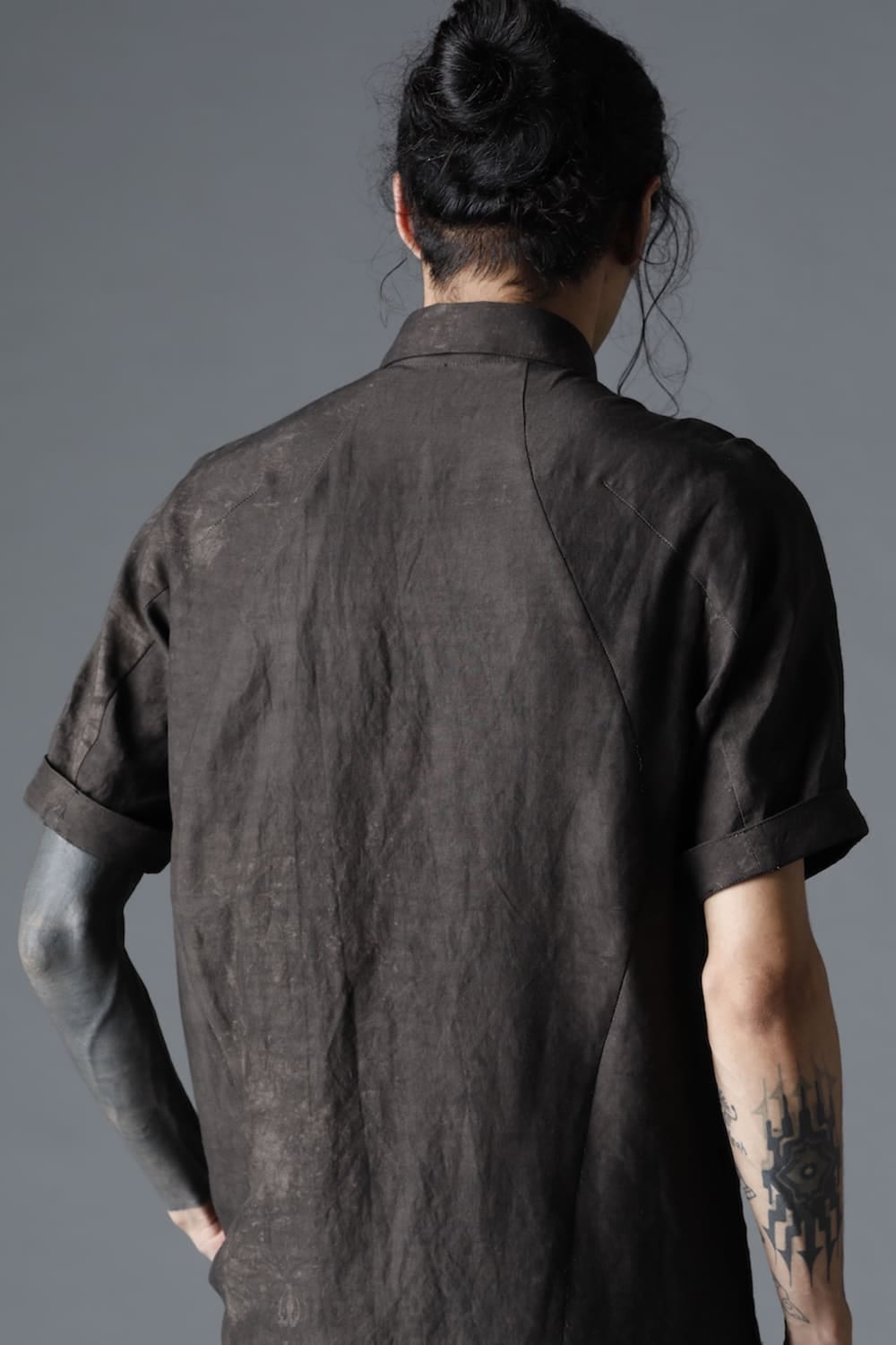 Uneven Dyed Rayon×Linen×Ramie Regular Coller Short Sleeves Shirt  Charcoal