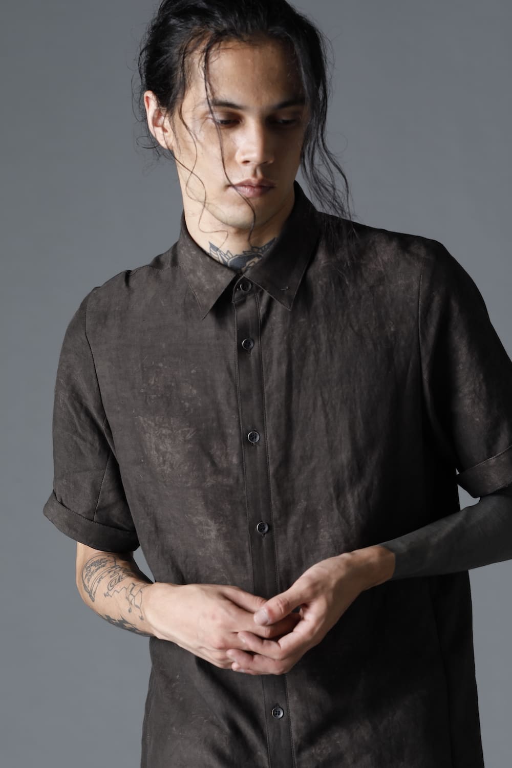 Uneven Dyed Rayon×Linen×Ramie Regular Coller Short Sleeves Shirt  Charcoal