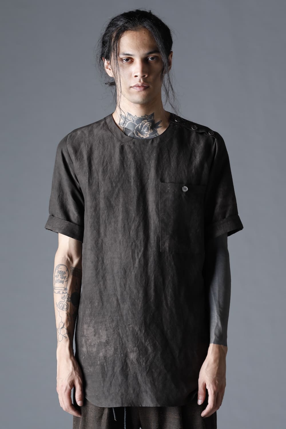 Uneven Dyed Rayon×Linen×Ramie Crew Neck Short Sleeves Pullover  Charcoal