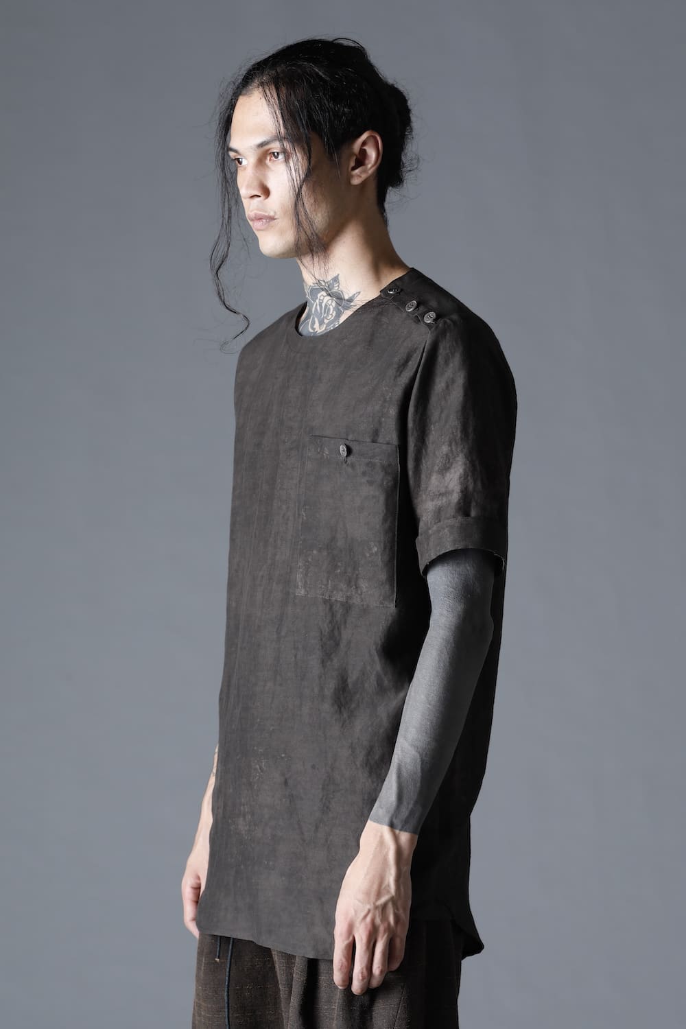 Uneven Dyed Rayon×Linen×Ramie Crew Neck Short Sleeves Pullover  Charcoal