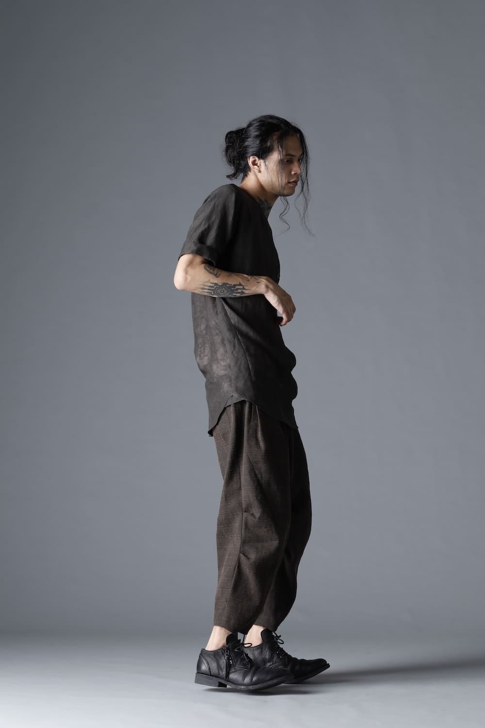 Uneven Dyed Rayon×Linen×Ramie Crew Neck Short Sleeves Pullover  Charcoal