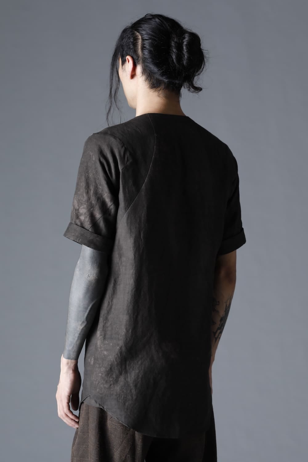 Uneven Dyed Rayon×Linen×Ramie Crew Neck Short Sleeves Pullover  Charcoal