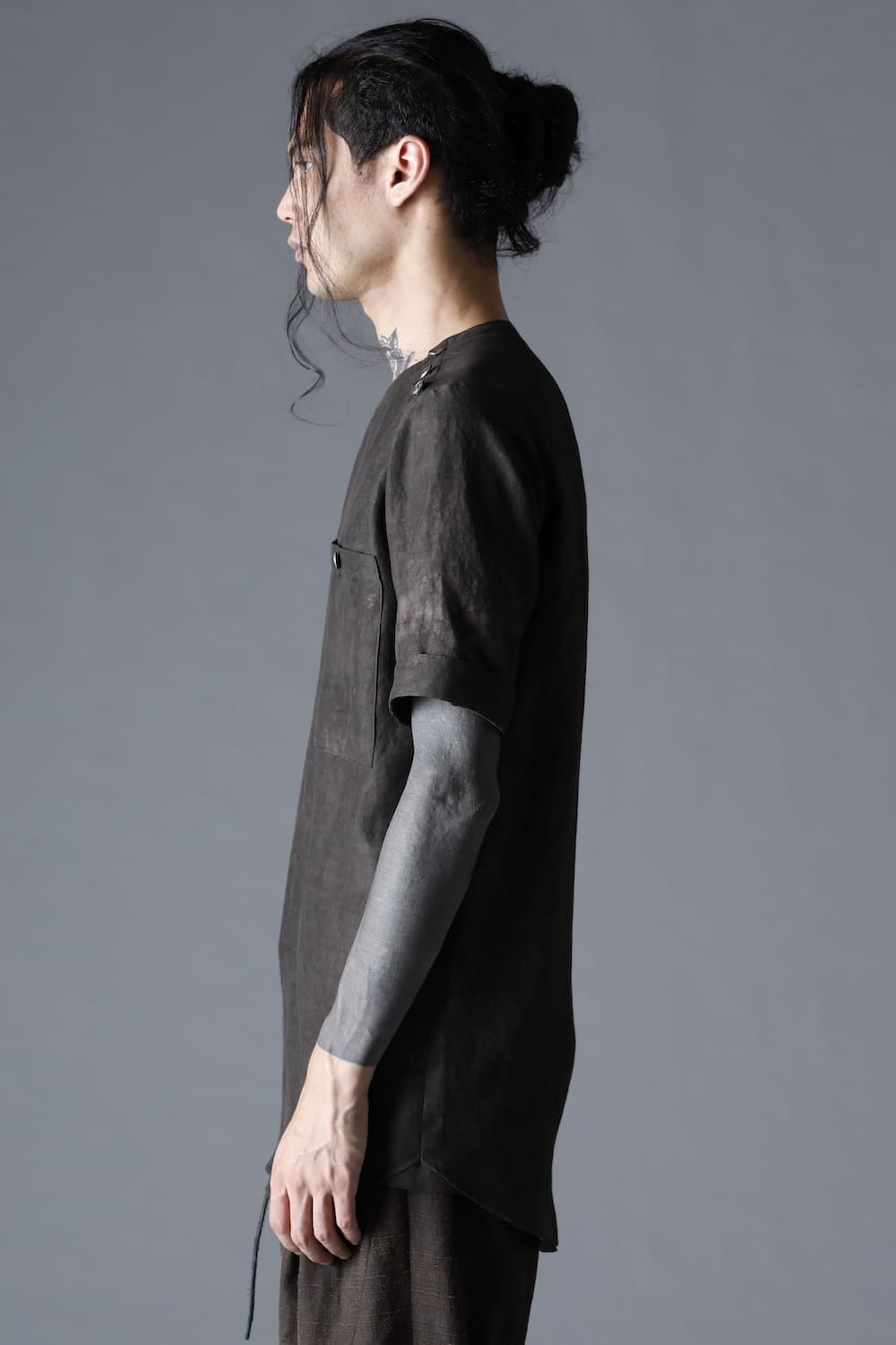 Uneven Dyed Rayon×Linen×Ramie Crew Neck Short Sleeves Pullover  Charcoal