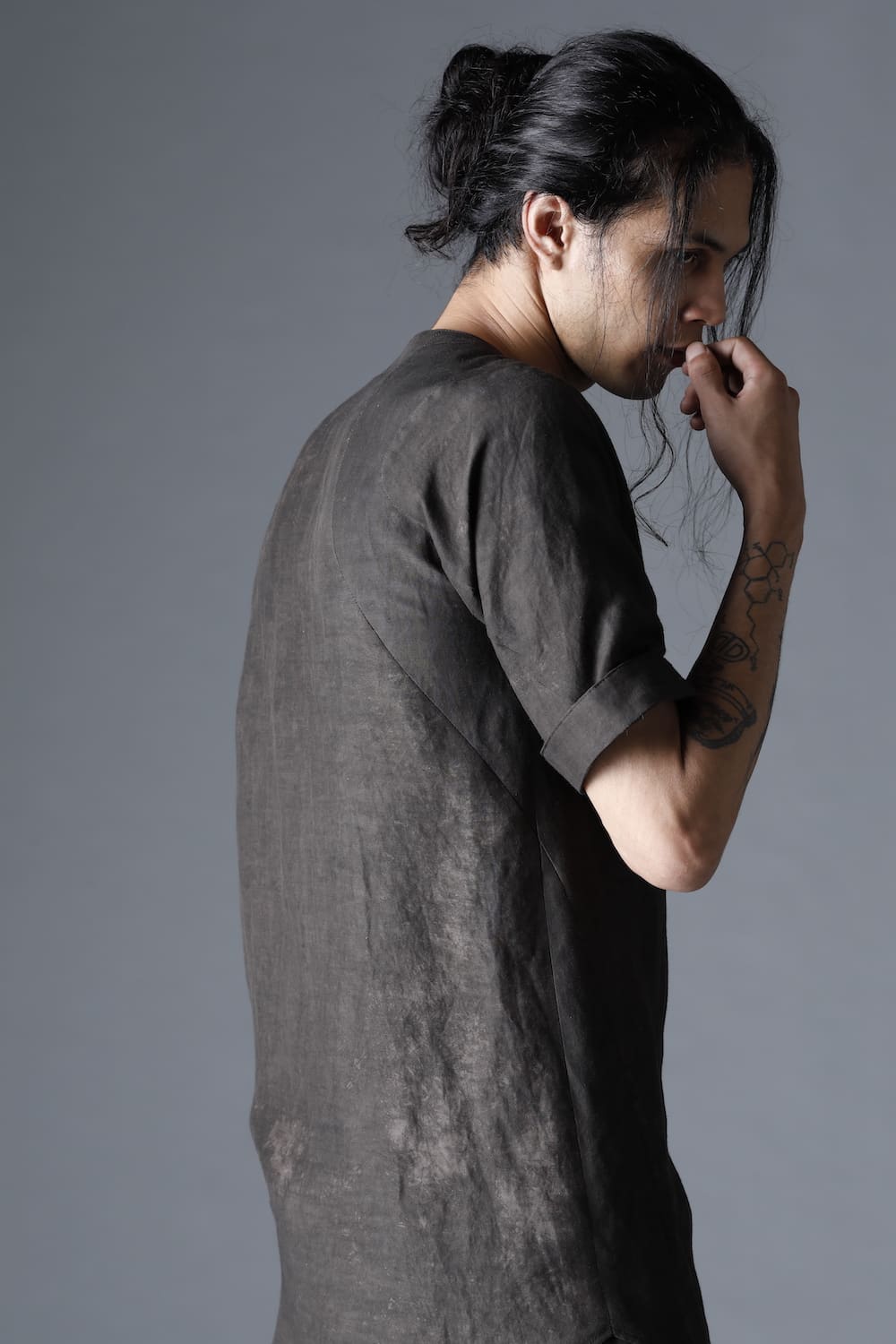 Uneven Dyed Rayon×Linen×Ramie Crew Neck Short Sleeves Pullover  Charcoal