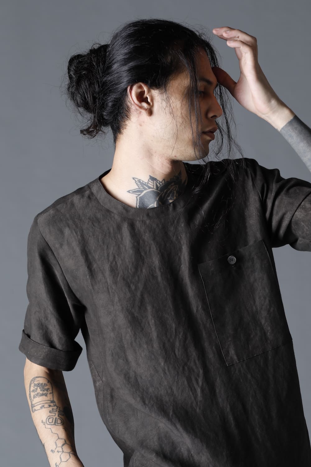 Uneven Dyed Rayon×Linen×Ramie Crew Neck Short Sleeves Pullover  Charcoal