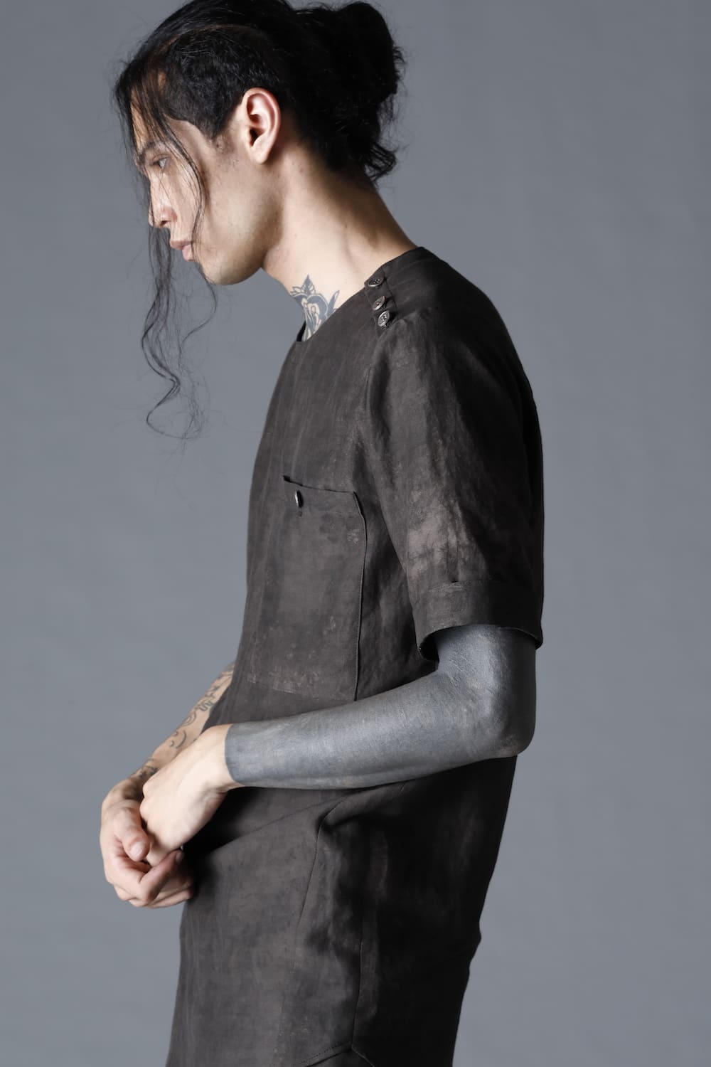 Uneven Dyed Rayon×Linen×Ramie Crew Neck Short Sleeves Pullover  Charcoal