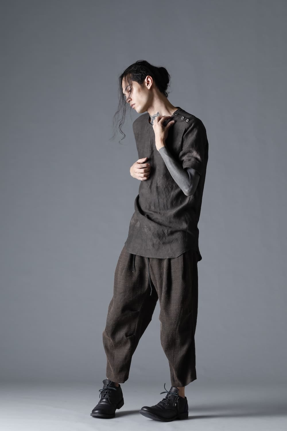 Uneven Dyed Rayon×Linen×Ramie Crew Neck Short Sleeves Pullover  Charcoal