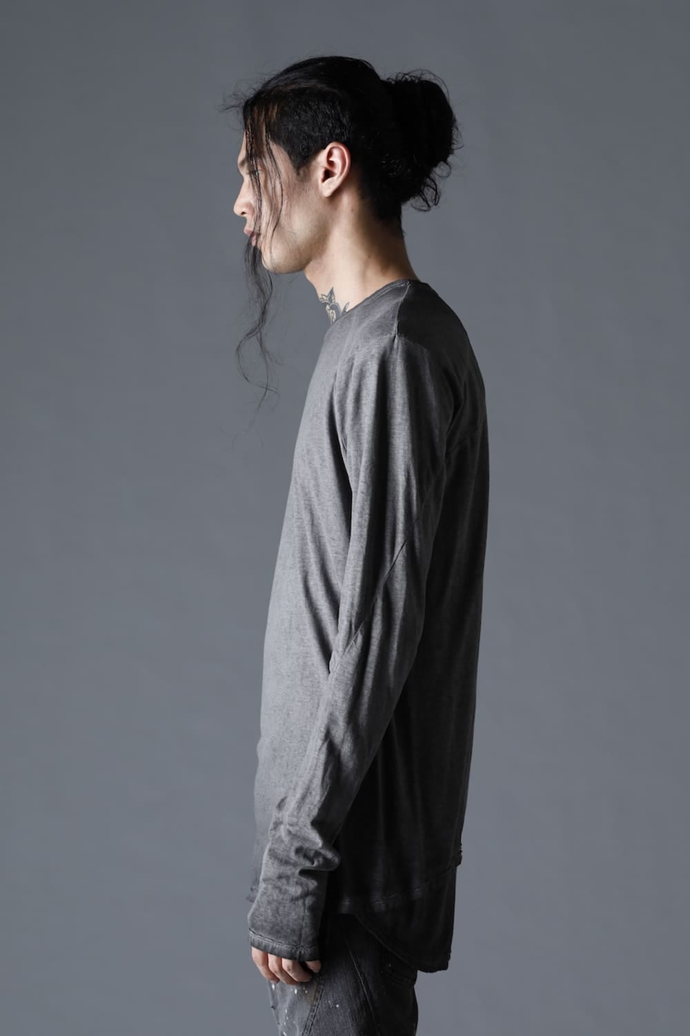 Gradation Cold Dyed Strong Twist Light Cotton Jersey Long Sleeve T-Shirt  Gray