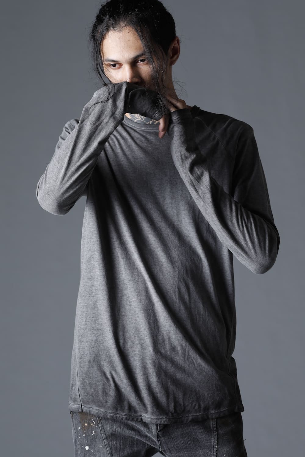 Gradation Cold Dyed Strong Twist Light Cotton Jersey Long Sleeve T-Shirt  Gray