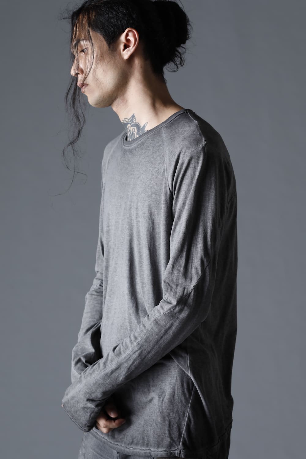 Gradation Cold Dyed Strong Twist Light Cotton Jersey Long Sleeve T-Shirt  Gray