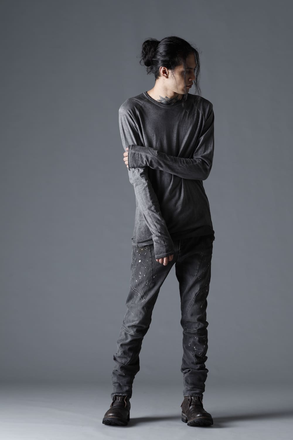 Gradation Cold Dyed Strong Twist Light Cotton Jersey Long Sleeve T-Shirt  Gray