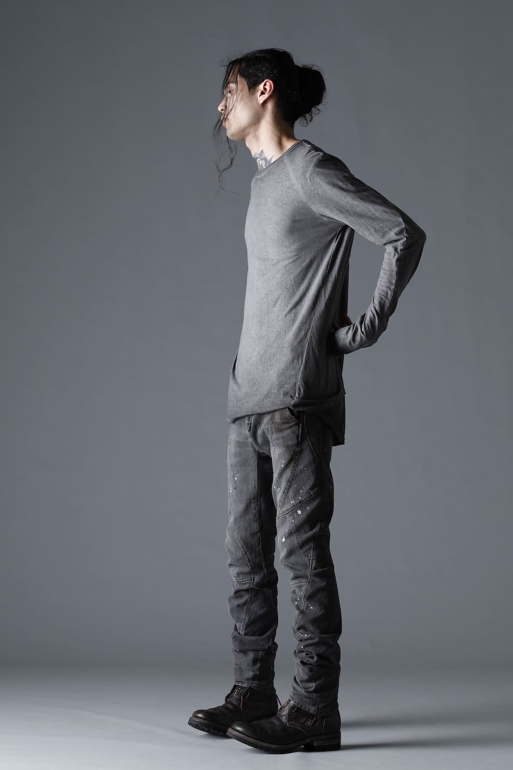 Gradation Cold Dyed Strong Twist Light Cotton Jersey Long Sleeve T-Shirt  Gray