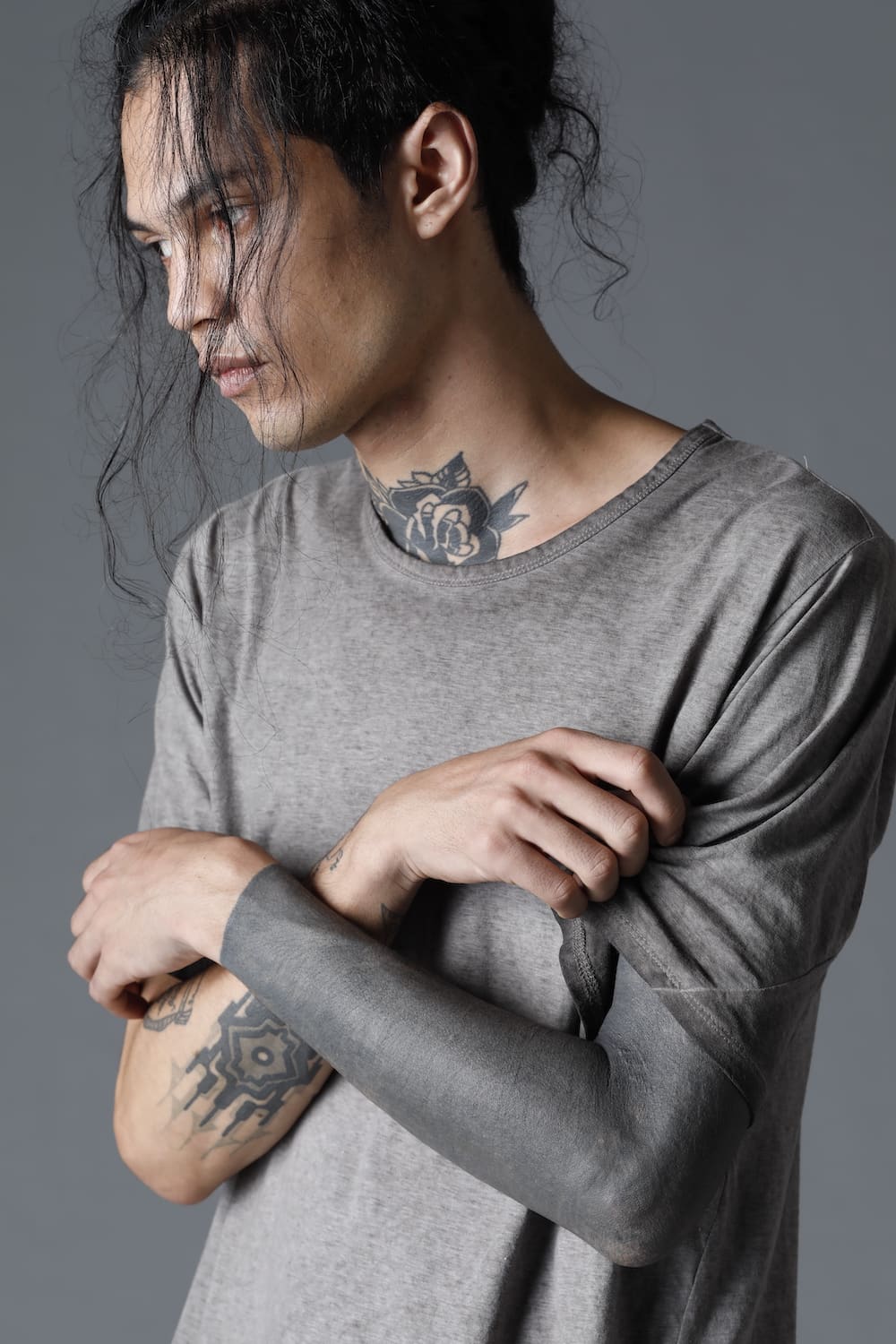 Gradation Cold Dyed Strong Twist Light Cotton Jersey Short Sleeve T-Shirt  Gray