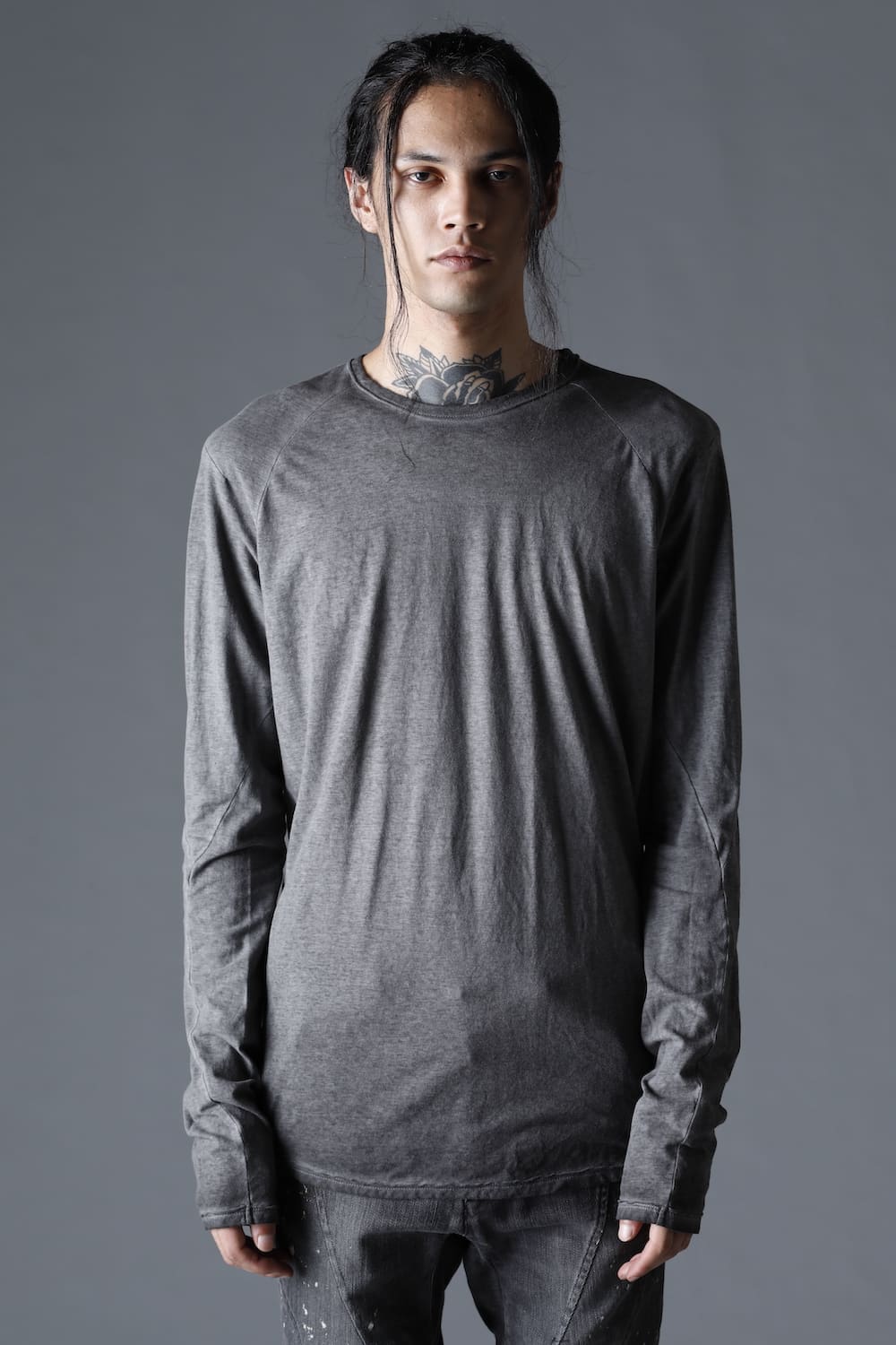 Gradation Cold Dyed Strong Twist Light Cotton Jersey Long Sleeve T-Shirt  Gray