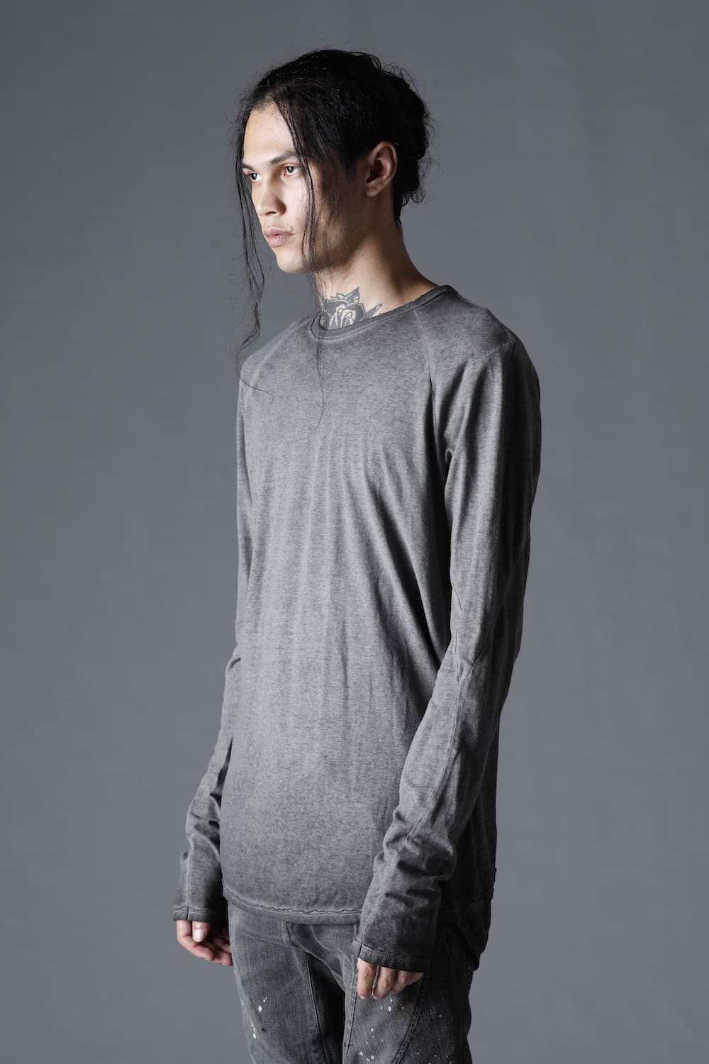 Gradation Cold Dyed Strong Twist Light Cotton Jersey Long Sleeve T-Shirt  Gray