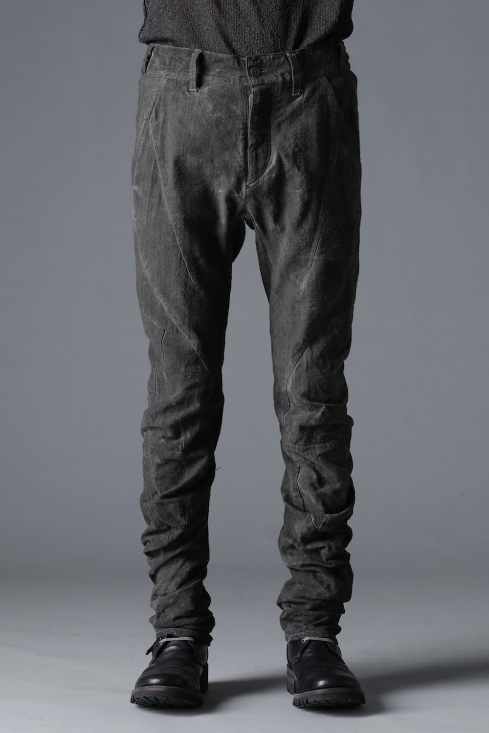 コットン×リネンランダムディンプルストレッチツイストカーブスリムパンツ  マッドブラウン