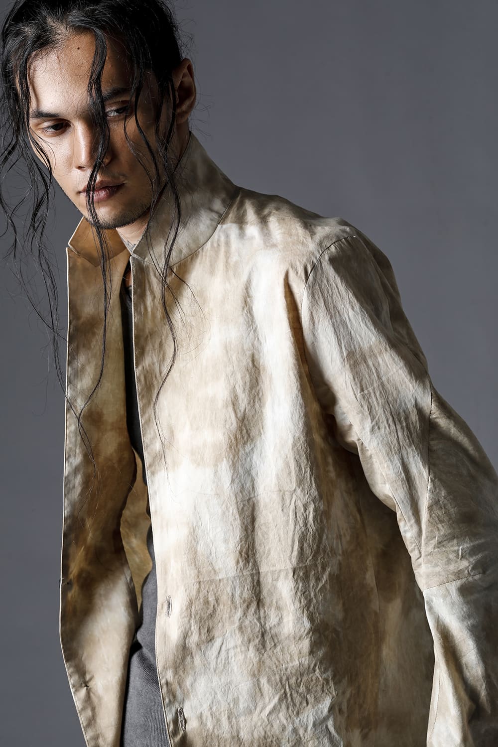 Mura-Dyed Cotton Lawn Tailored Shirt-Jacket Stream Sand