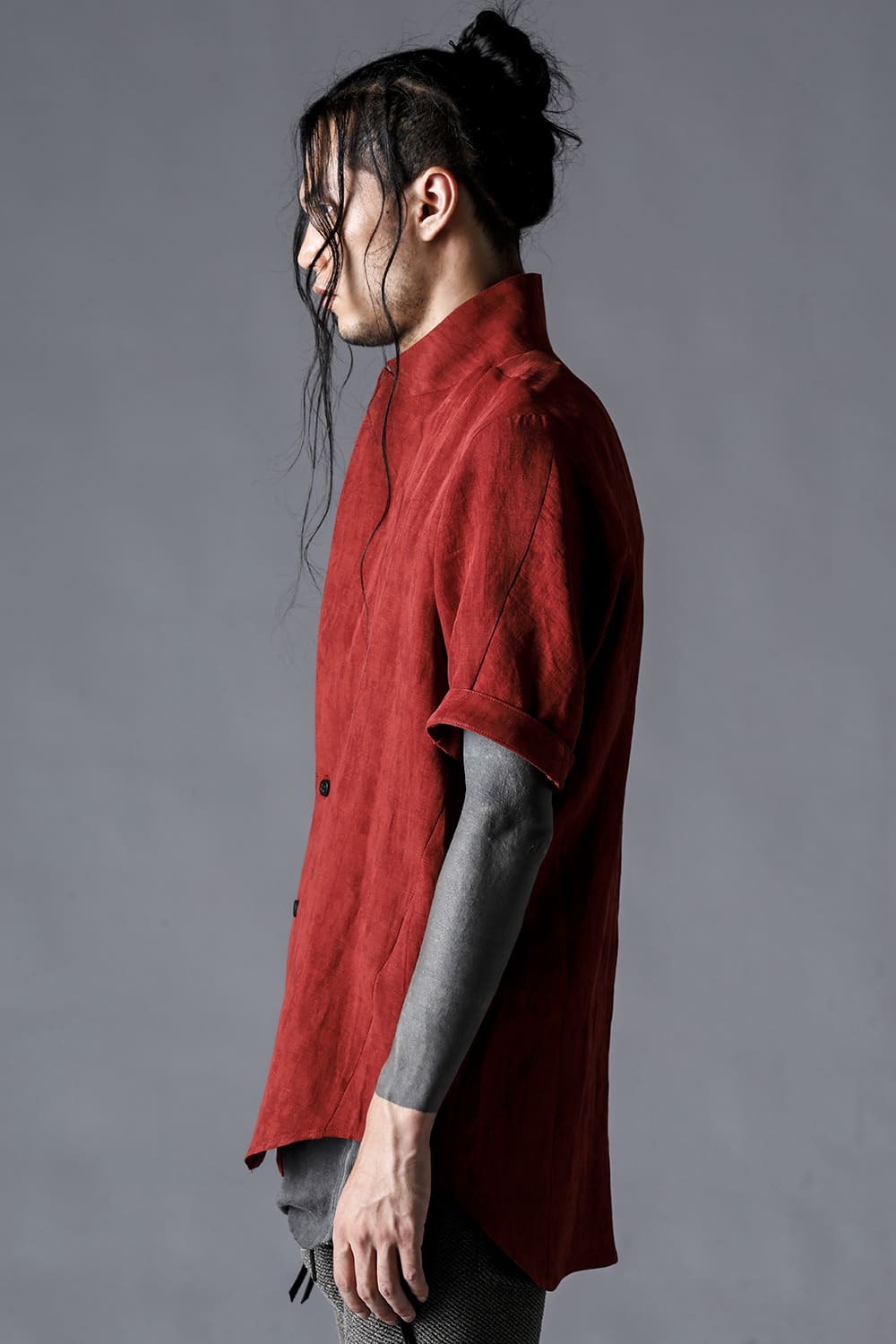 Linen And Rayon Salt Shrink-Dyed Short-Sleeved Tailored Shirt Brick