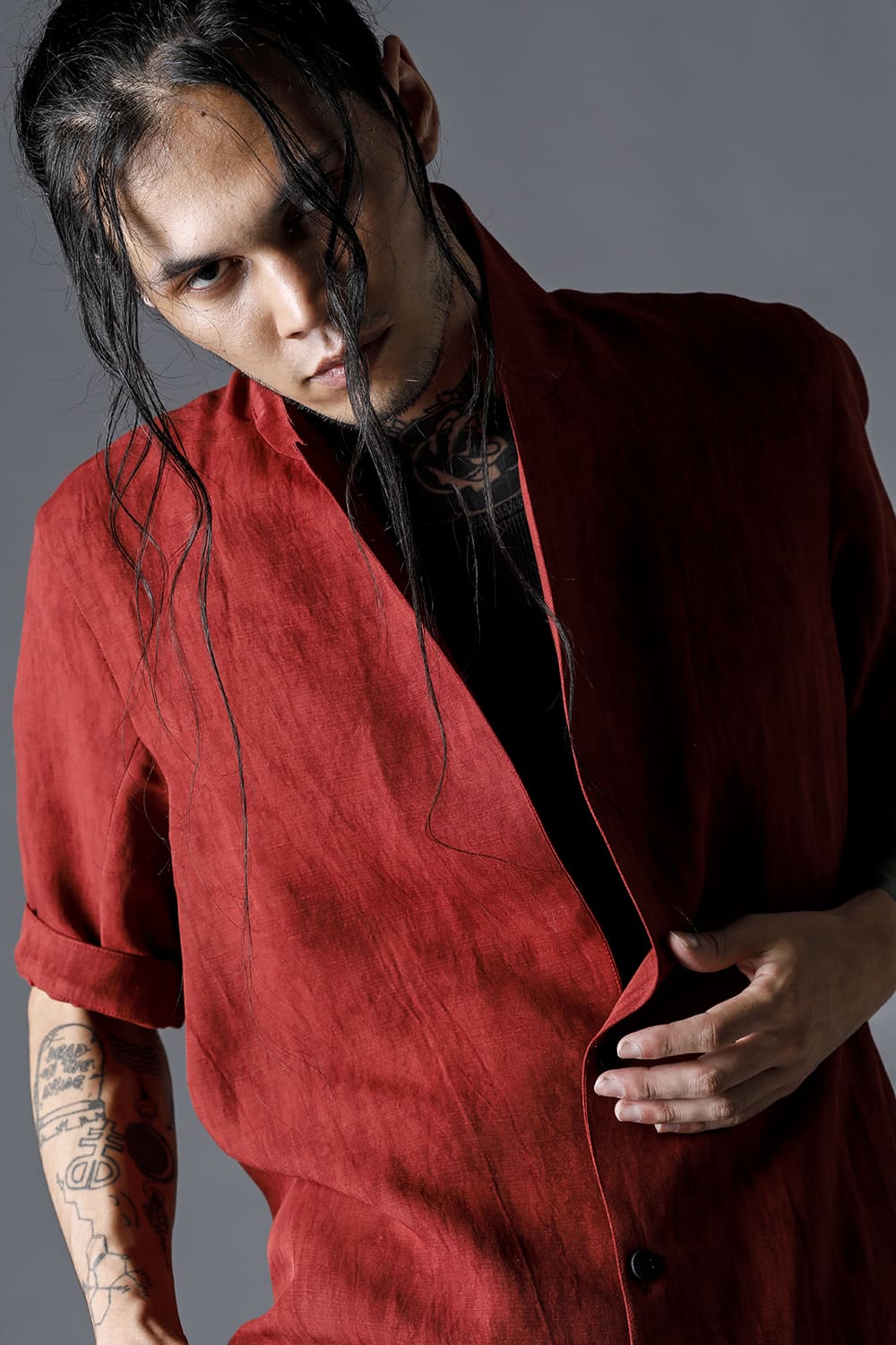 Linen And Rayon Salt Shrink-Dyed Short-Sleeved Tailored Shirt Brick