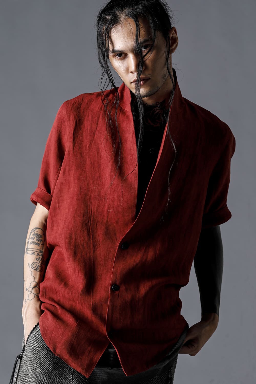 Linen And Rayon Salt Shrink-Dyed Short-Sleeved Tailored Shirt Brick