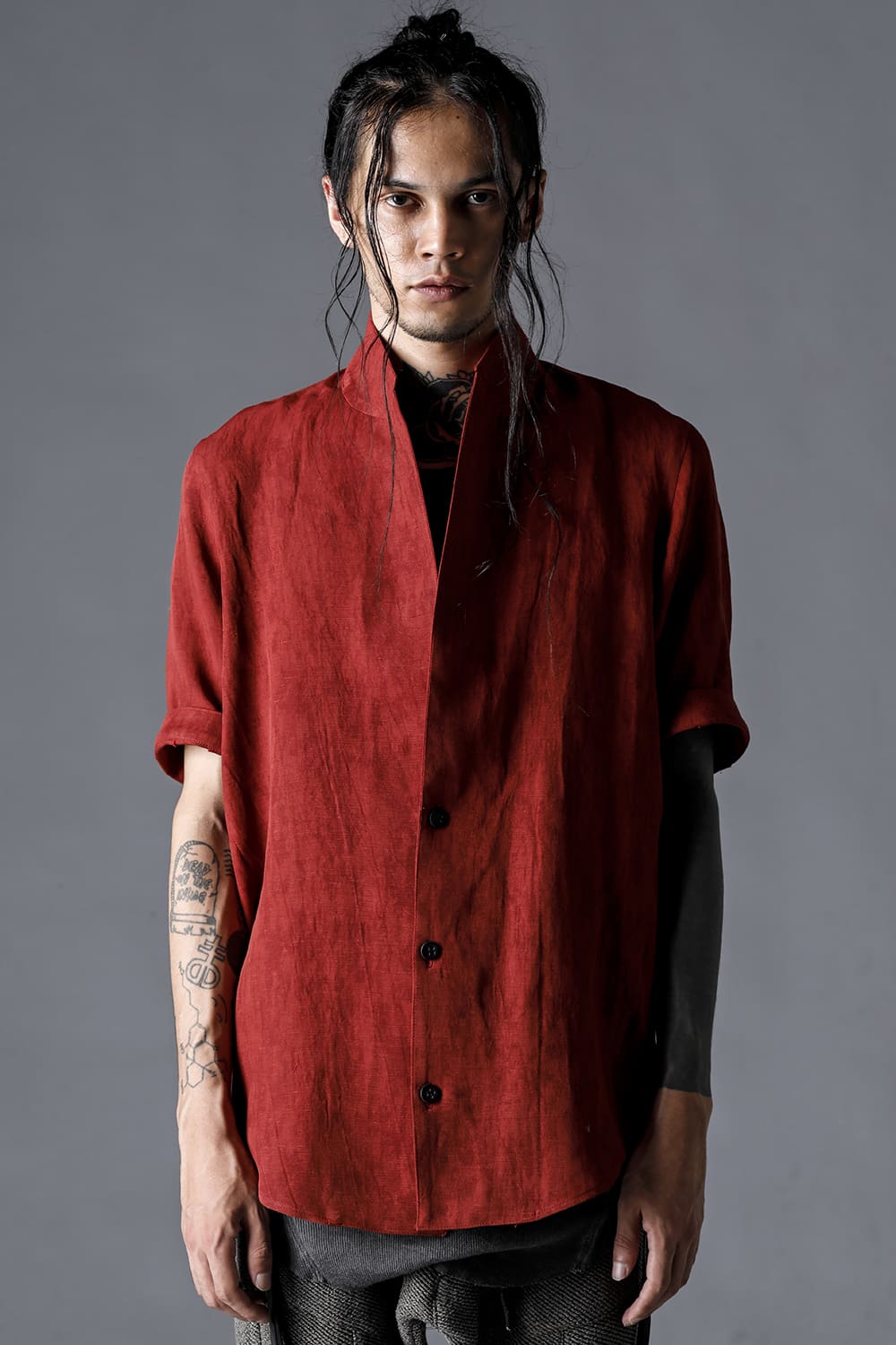 Linen And Rayon Salt Shrink-Dyed Short-Sleeved Tailored Shirt Brick