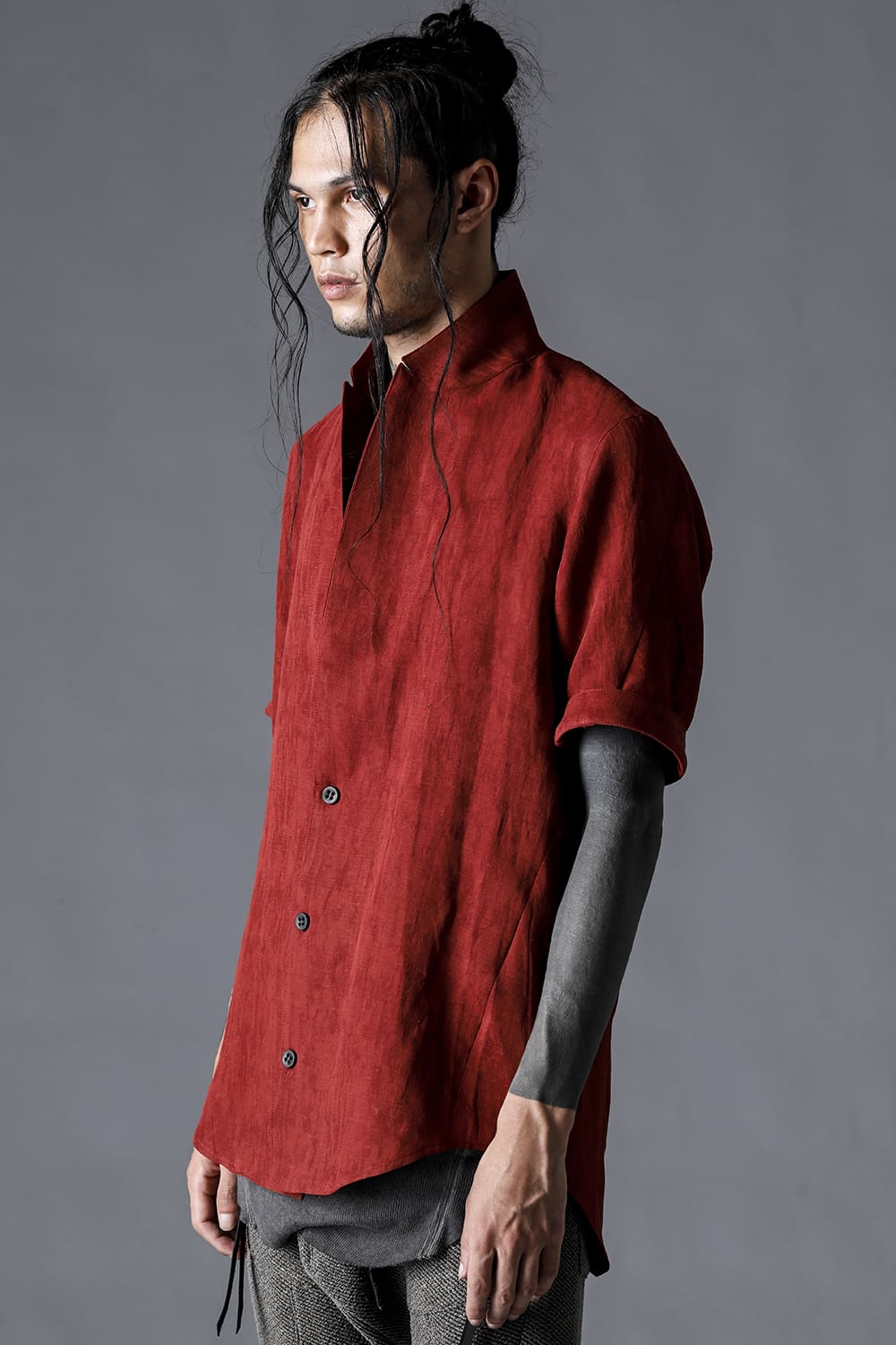 Linen And Rayon Salt Shrink-Dyed Short-Sleeved Tailored Shirt Brick