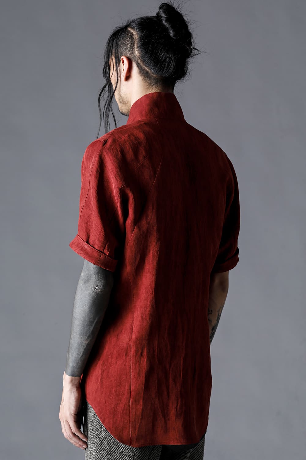 Linen And Rayon Salt Shrink-Dyed Short-Sleeved Tailored Shirt Brick