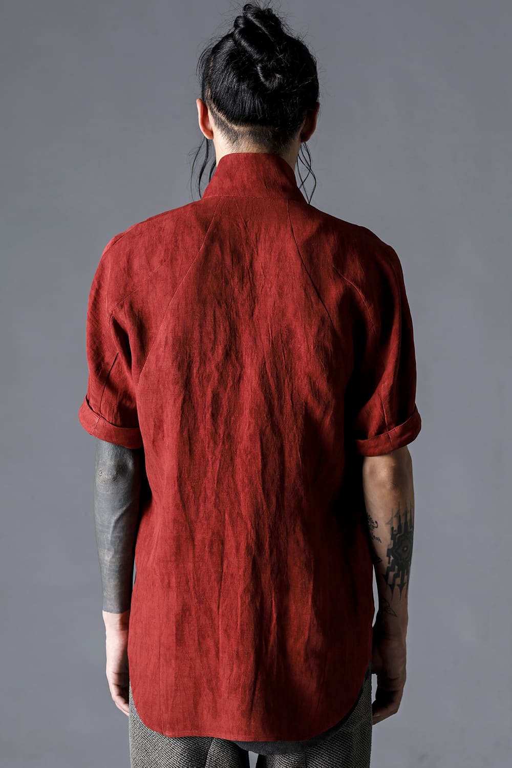 Linen And Rayon Salt Shrink-Dyed Short-Sleeved Tailored Shirt Brick
