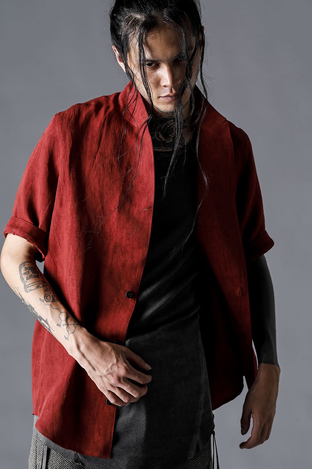 Linen And Rayon Salt Shrink-Dyed Short-Sleeved Tailored Shirt Brick