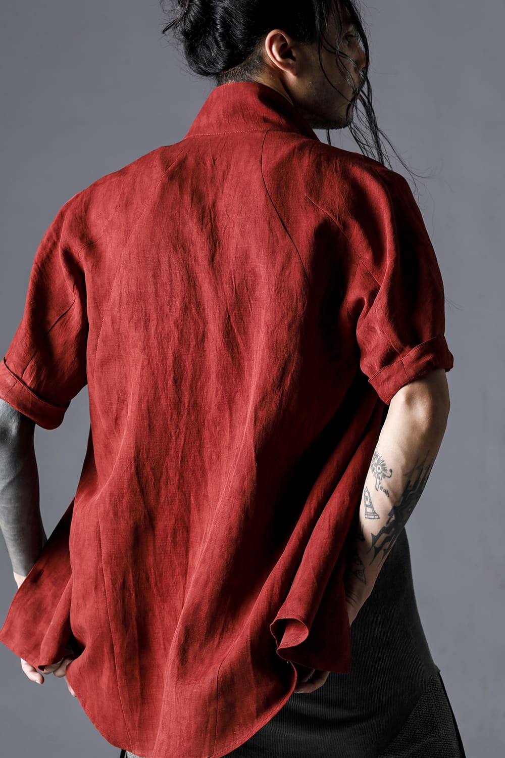 Linen And Rayon Salt Shrink-Dyed Short-Sleeved Tailored Shirt Brick