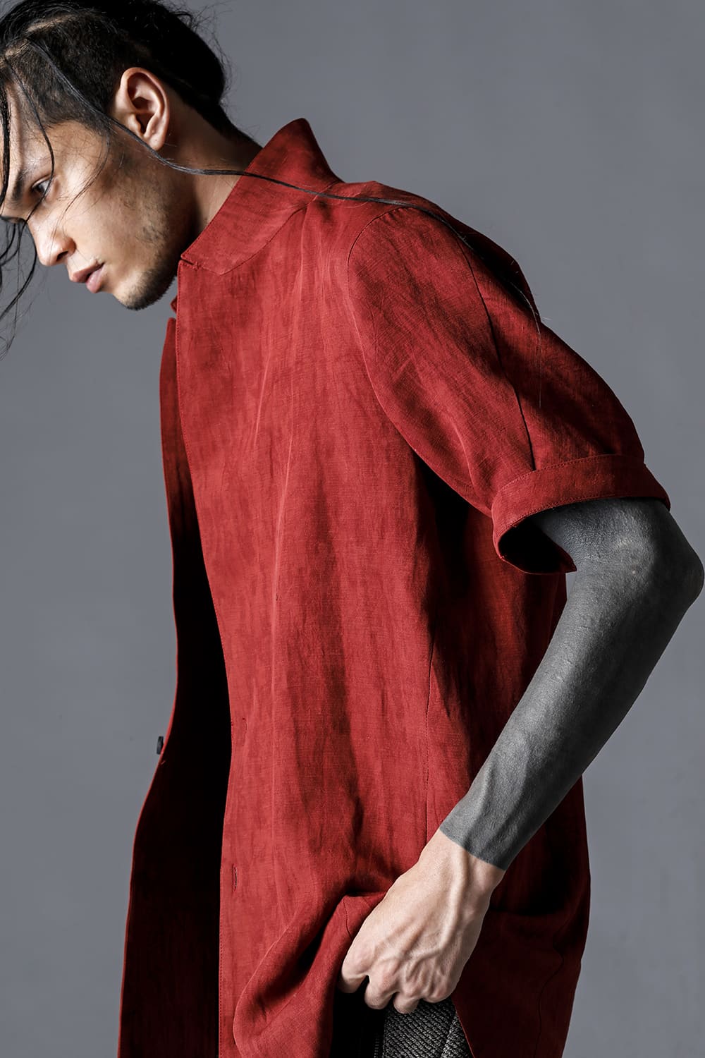 Linen And Rayon Salt Shrink-Dyed Short-Sleeved Tailored Shirt Brick