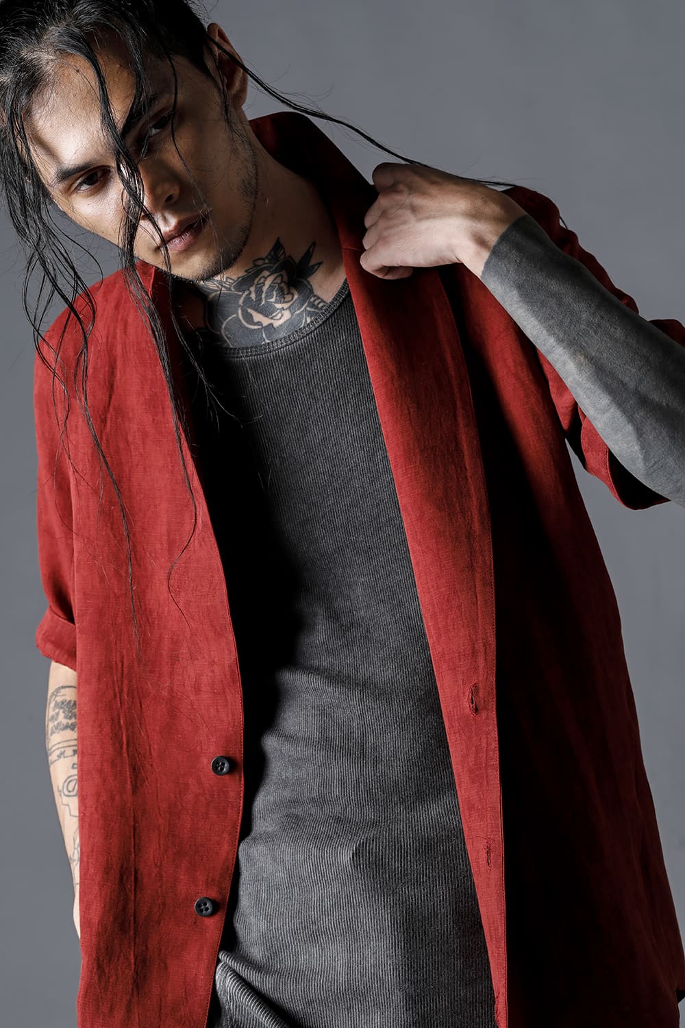 Linen And Rayon Salt Shrink-Dyed Short-Sleeved Tailored Shirt Brick