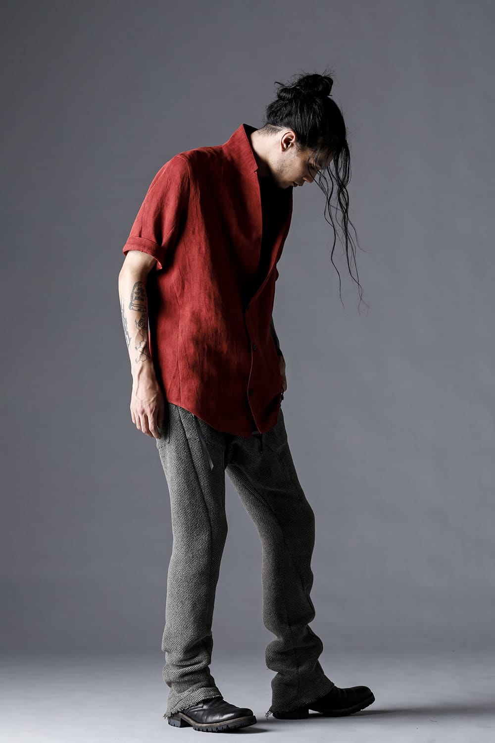Linen And Rayon Salt Shrink-Dyed Short-Sleeved Tailored Shirt Brick