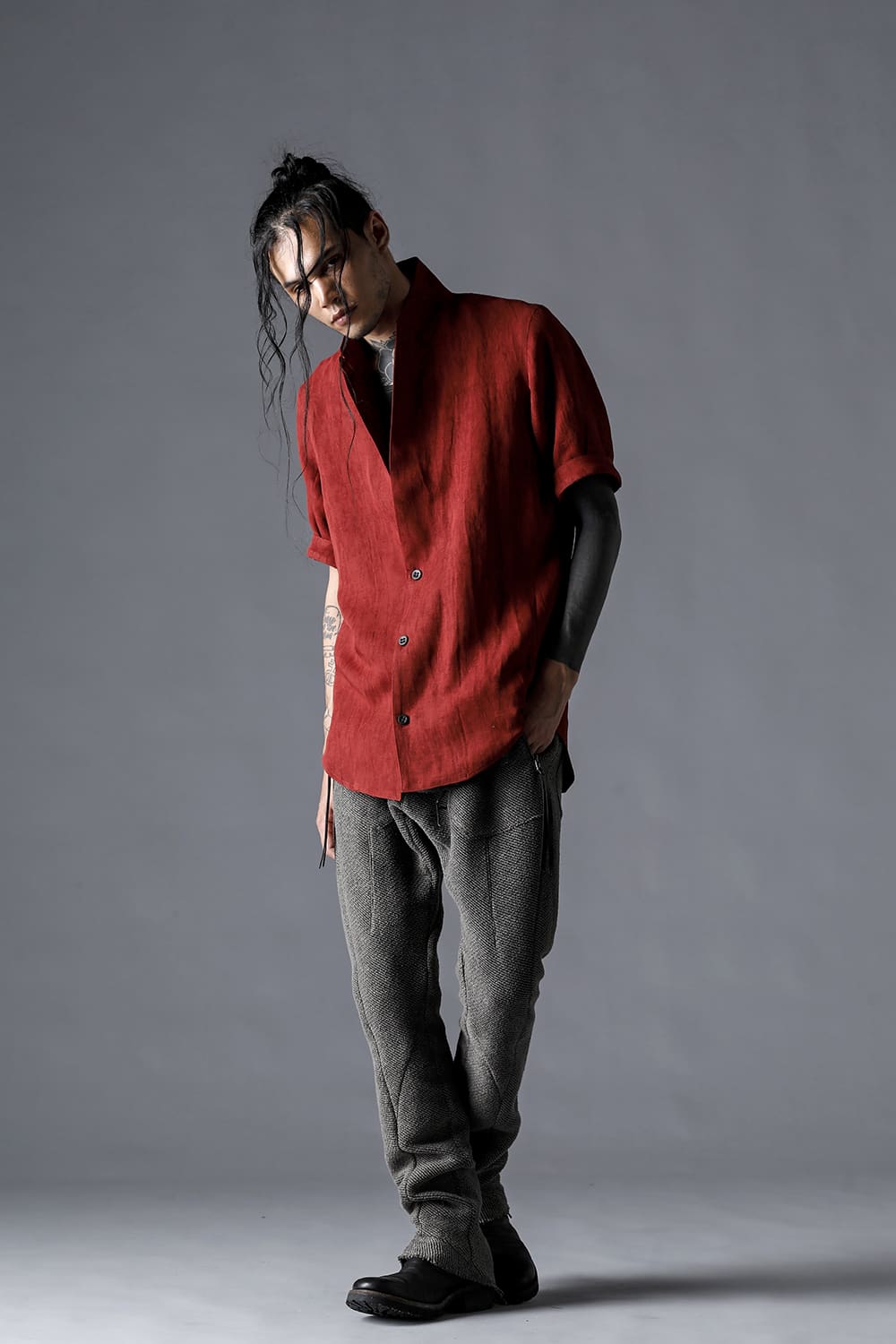 Linen And Rayon Salt Shrink-Dyed Short-Sleeved Tailored Shirt Brick