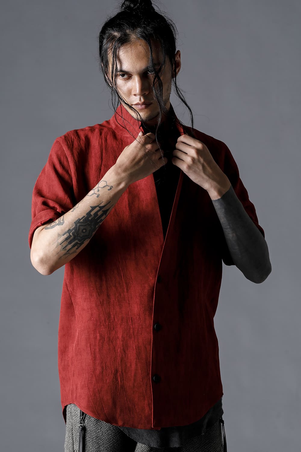 Linen And Rayon Salt Shrink-Dyed Short-Sleeved Tailored Shirt Brick