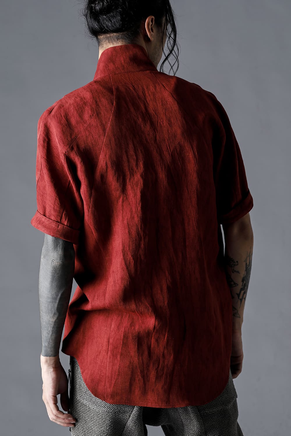 Linen And Rayon Salt Shrink-Dyed Short-Sleeved Tailored Shirt Brick