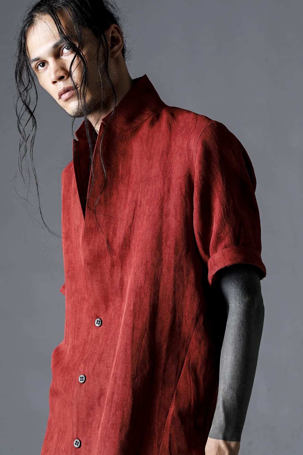 Linen And Rayon Salt Shrink-Dyed Short-Sleeved Tailored Shirt Brick