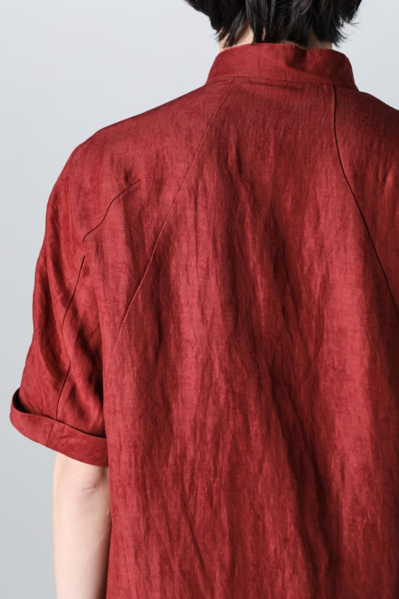 Linen And Rayon Salt Shrink-Dyed Short-Sleeved Banded Collar Shirt Brick