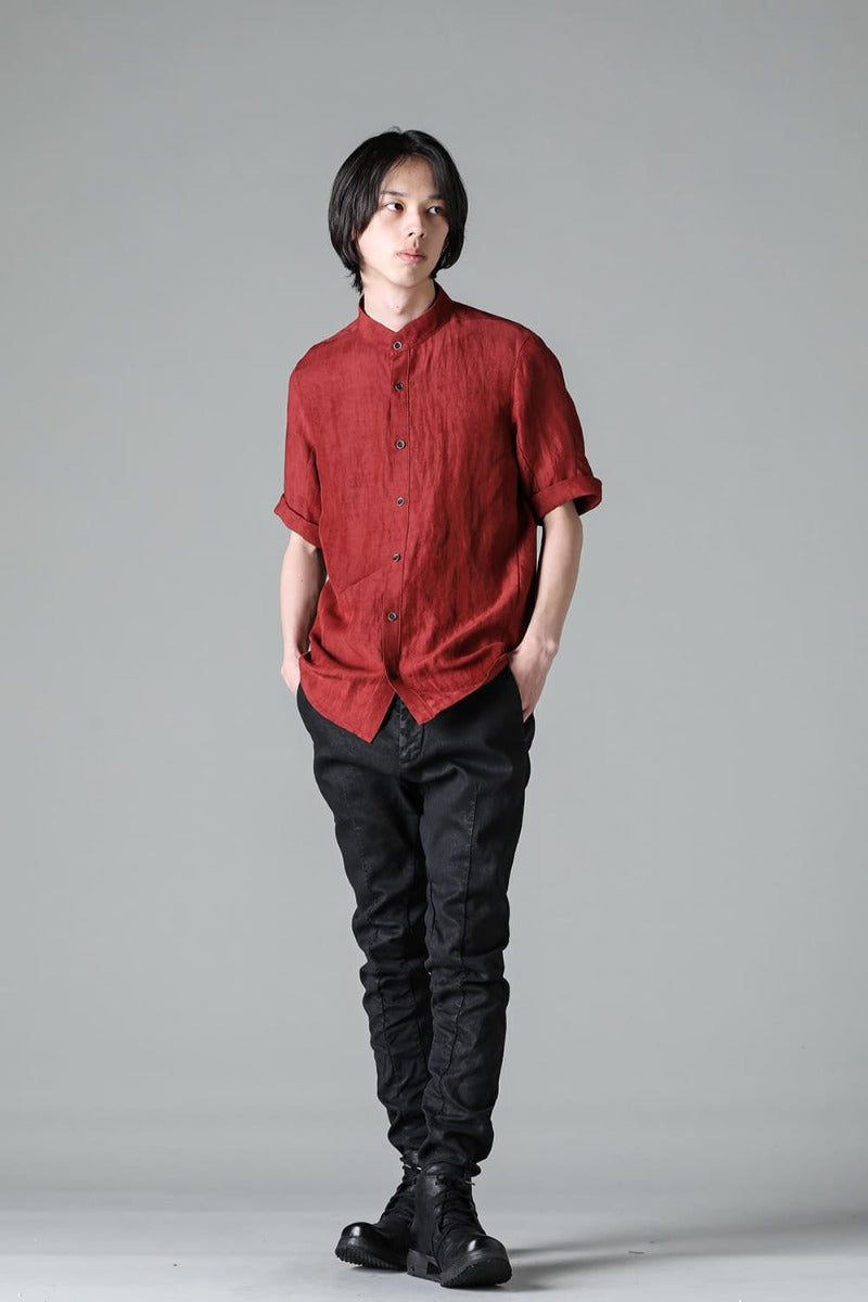 Linen And Rayon Salt Shrink-Dyed Short-Sleeved Banded Collar Shirt Brick