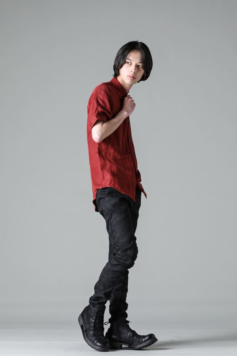 Linen And Rayon Salt Shrink-Dyed Short-Sleeved Banded Collar Shirt Brick