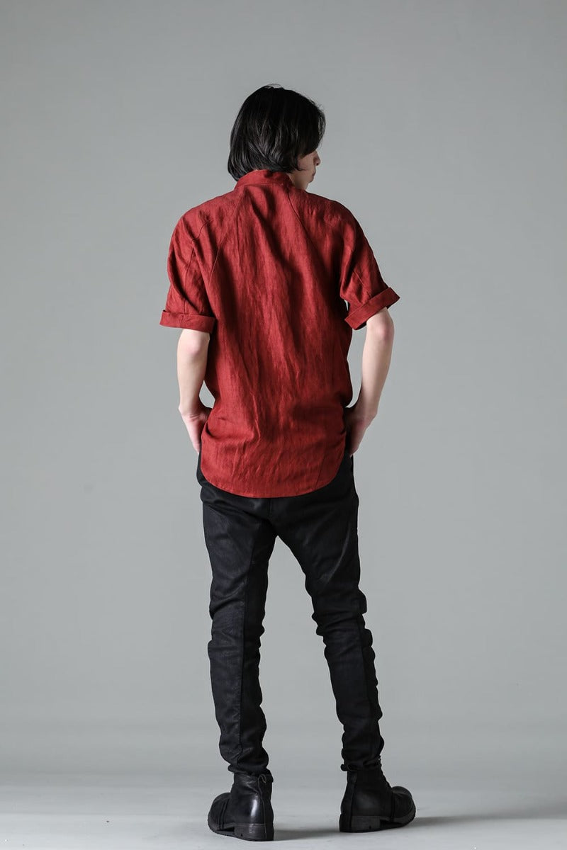 Linen And Rayon Salt Shrink-Dyed Short-Sleeved Banded Collar Shirt Brick