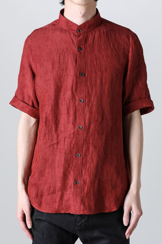 Linen And Rayon Salt Shrink-Dyed Short-Sleeved Banded Collar Shirt Brick