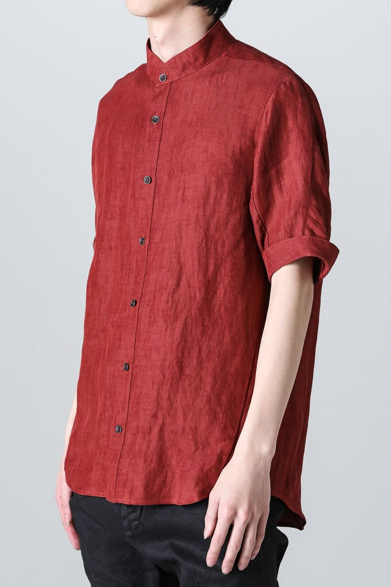 Linen And Rayon Salt Shrink-Dyed Short-Sleeved Banded Collar Shirt Brick