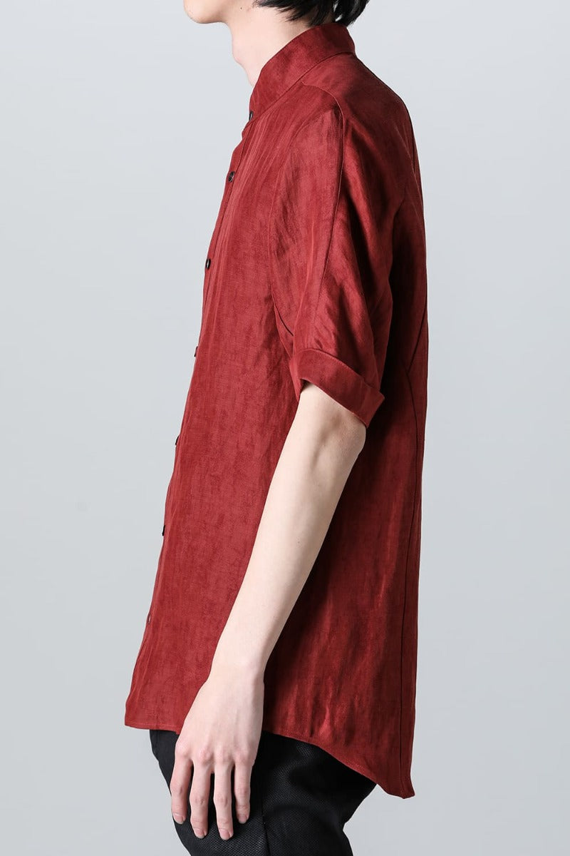 Linen And Rayon Salt Shrink-Dyed Short-Sleeved Banded Collar Shirt Brick