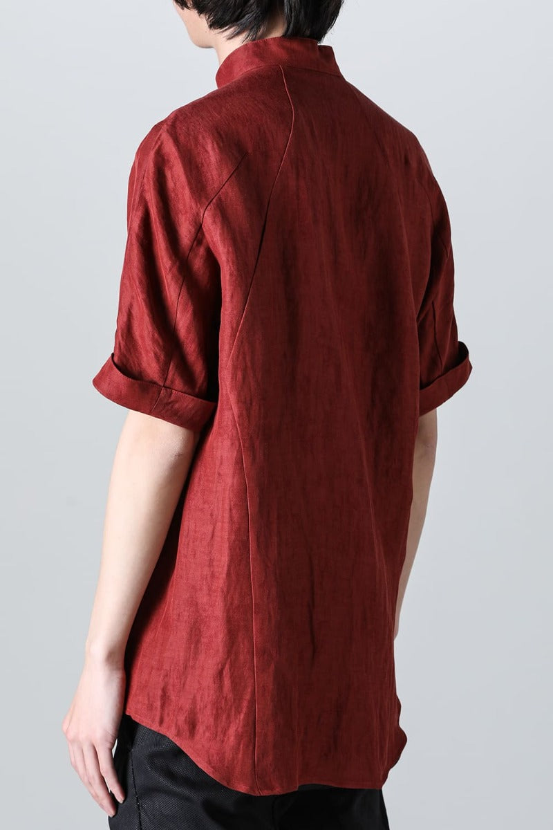 Linen And Rayon Salt Shrink-Dyed Short-Sleeved Banded Collar Shirt Brick